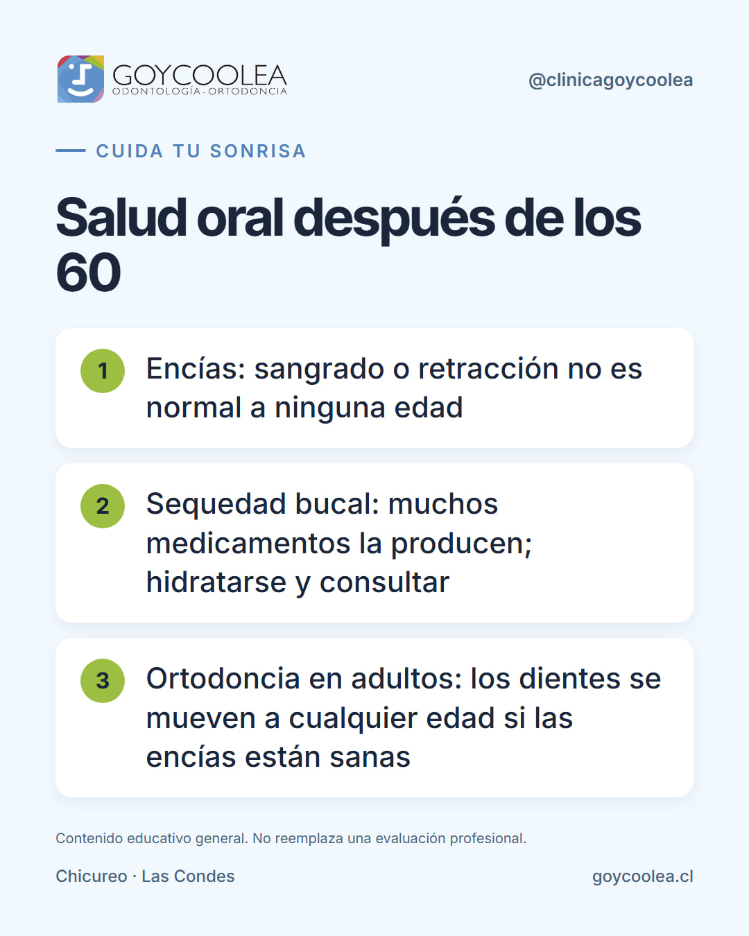 Imagen con tres consejos de salud oral para personas mayores sobre fondo de la marca