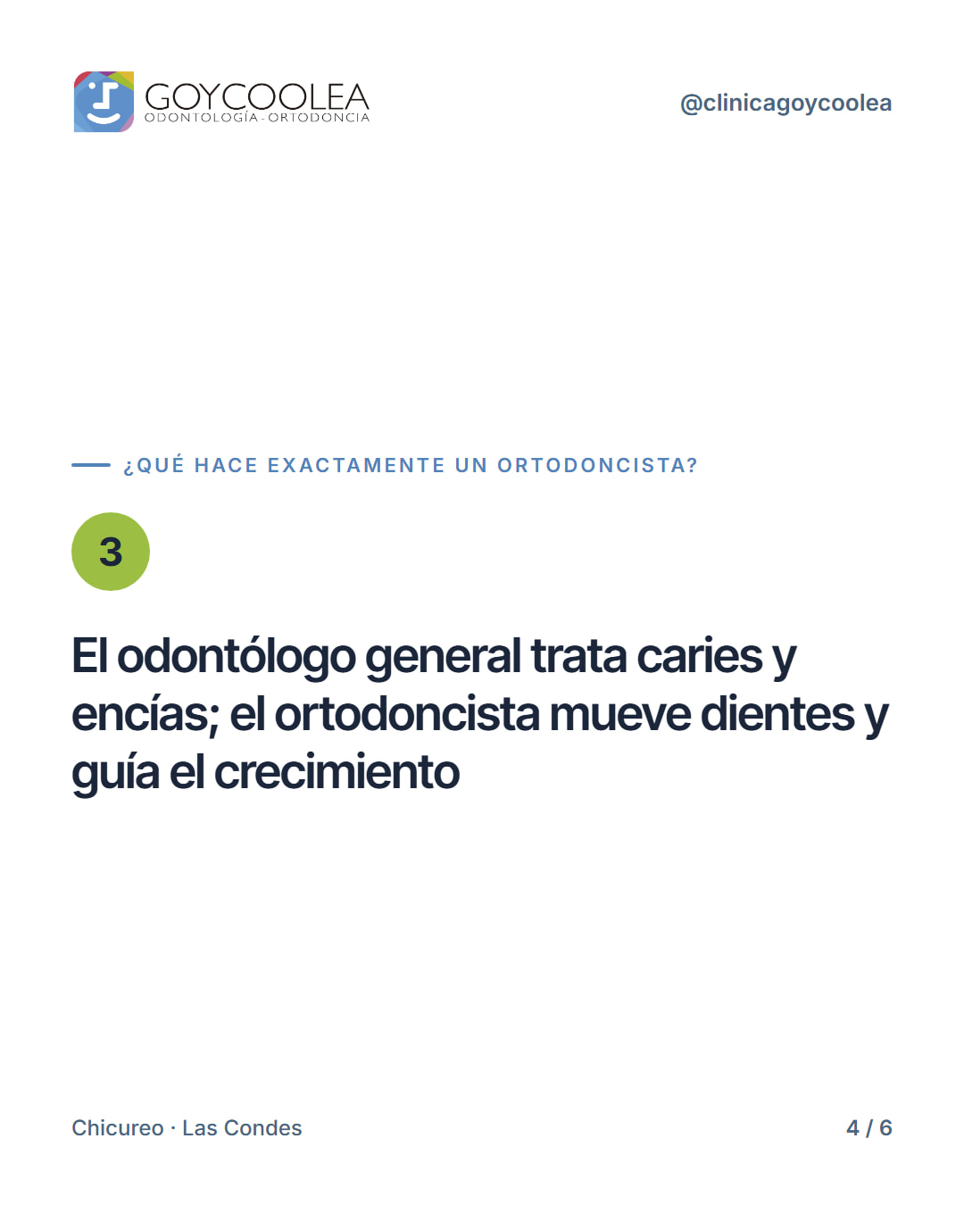 Carrusel de seis slides que explica la diferencia entre ortodoncista y odontólogo general