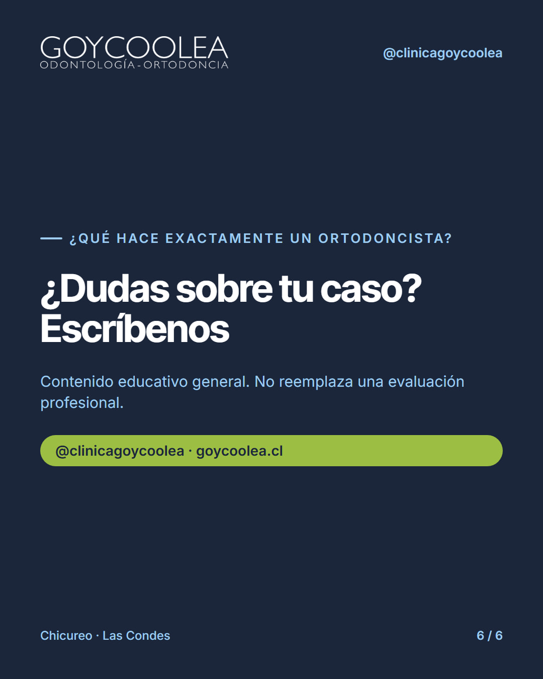 Carrusel de seis slides que explica la diferencia entre ortodoncista y odontólogo general