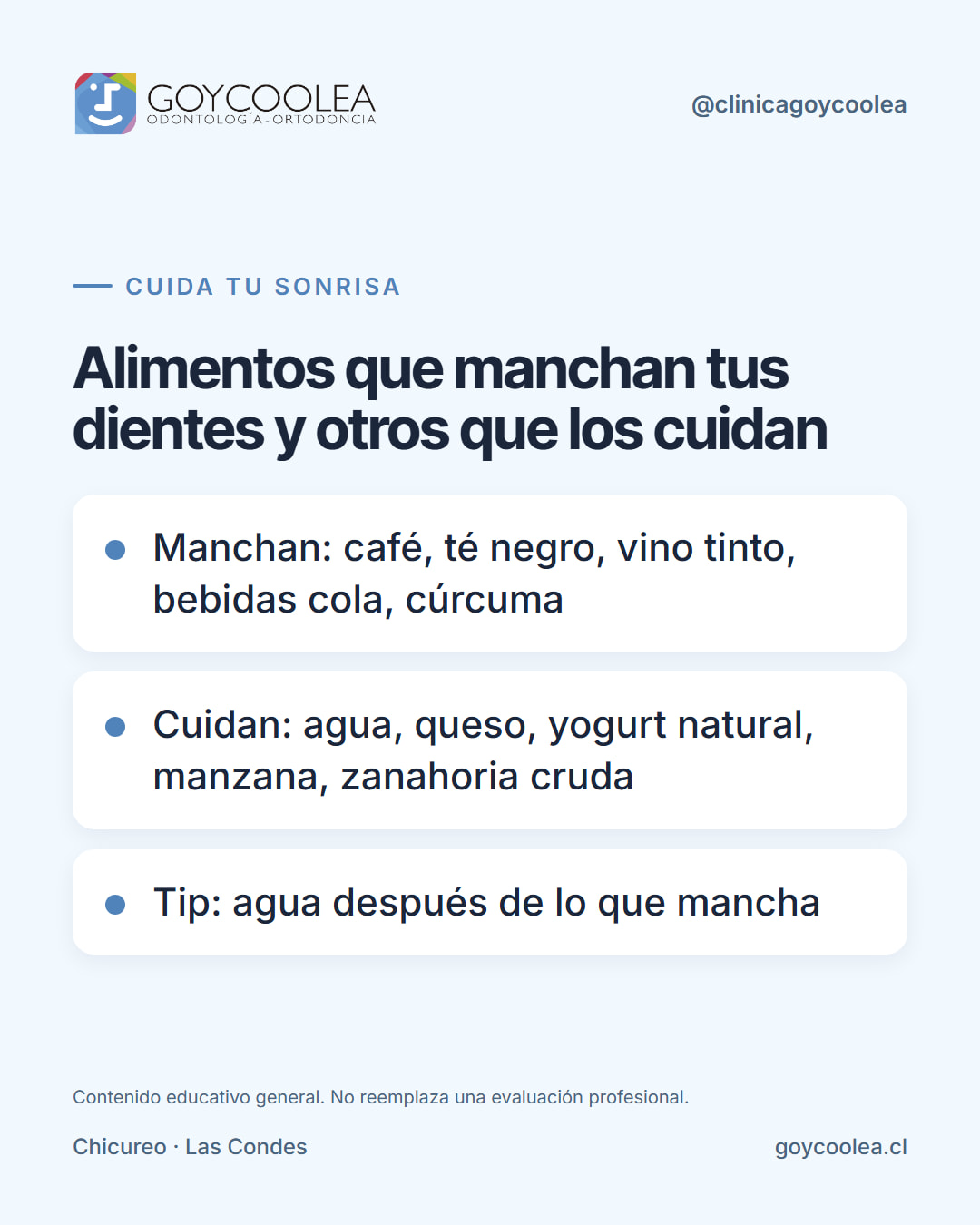 Comparación de alimentos que manchan y alimentos que cuidan los dientes